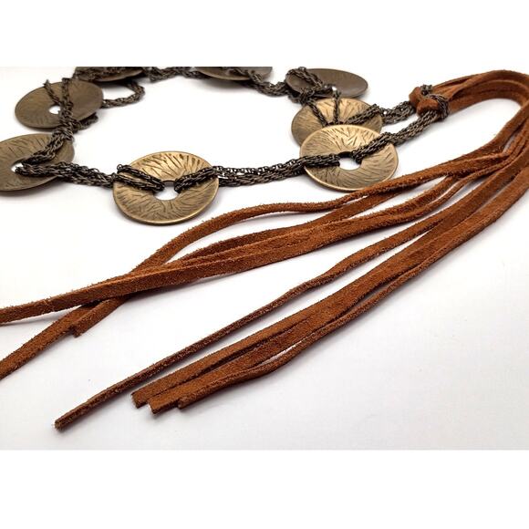 Vintage 60s hippie boho belt with gold tone concho disc medallions tassels - Picture 3 of 11